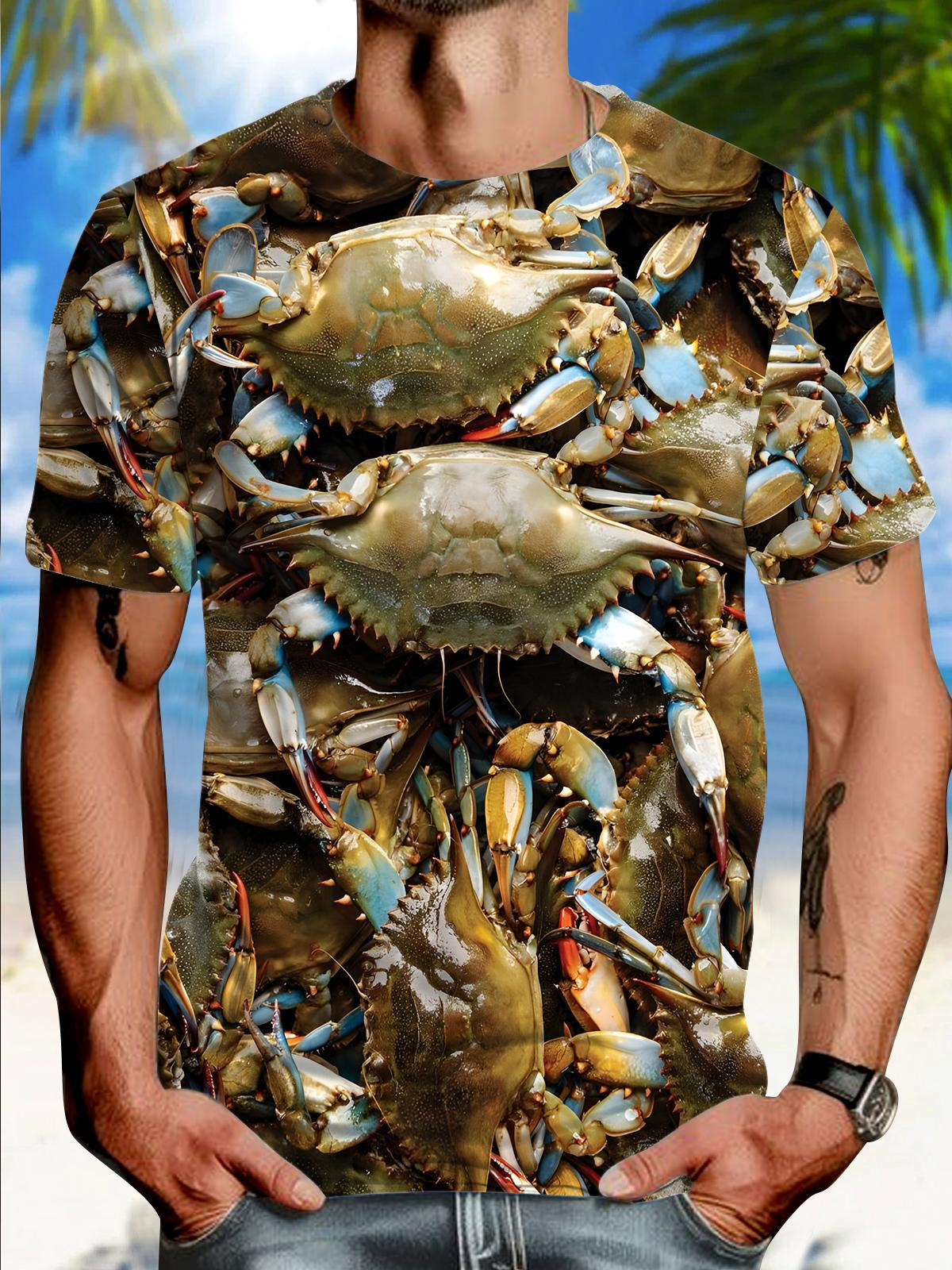 Seafood Crab Print Round Neck Short Sleeve Men's T-shirt