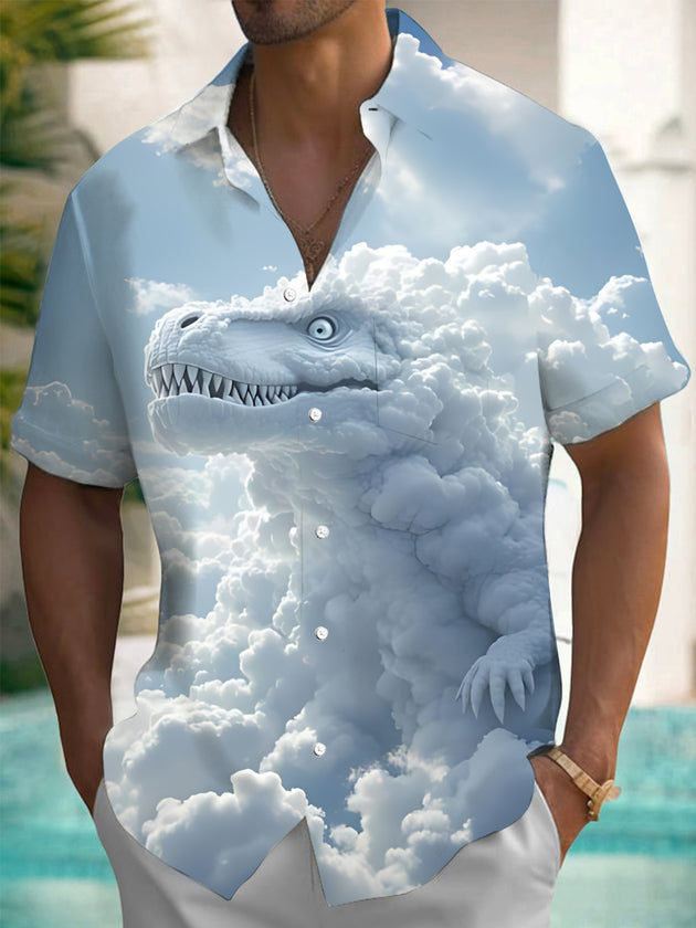 Men's Cloud Dinosaur Art Print Pocket Short Sleeve Shirt Front View