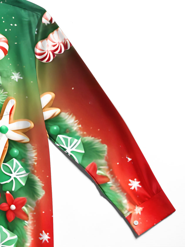 Men's Christmas gingerbread man print long sleeve shirt close-up detail view