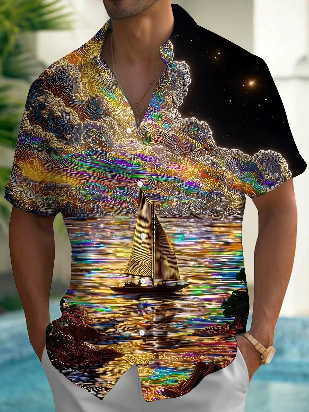 Boat Art Print Men's Pocket Short Sleeve Shirts