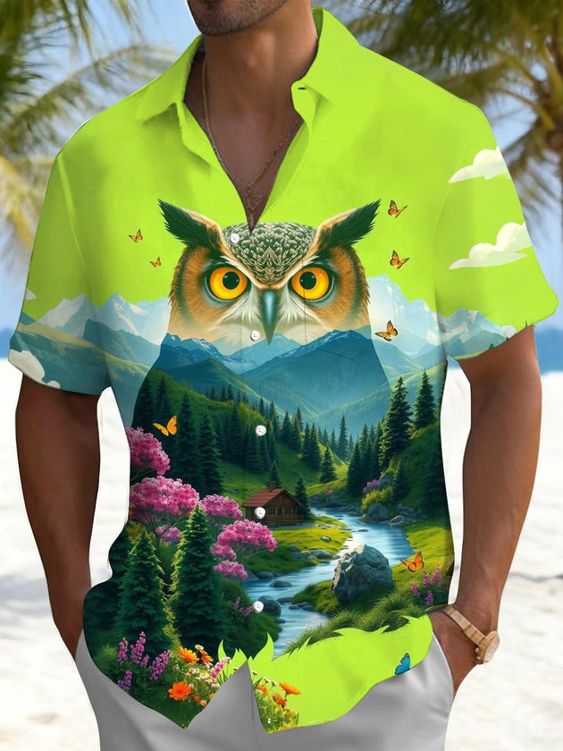 men's owl print shirt front view