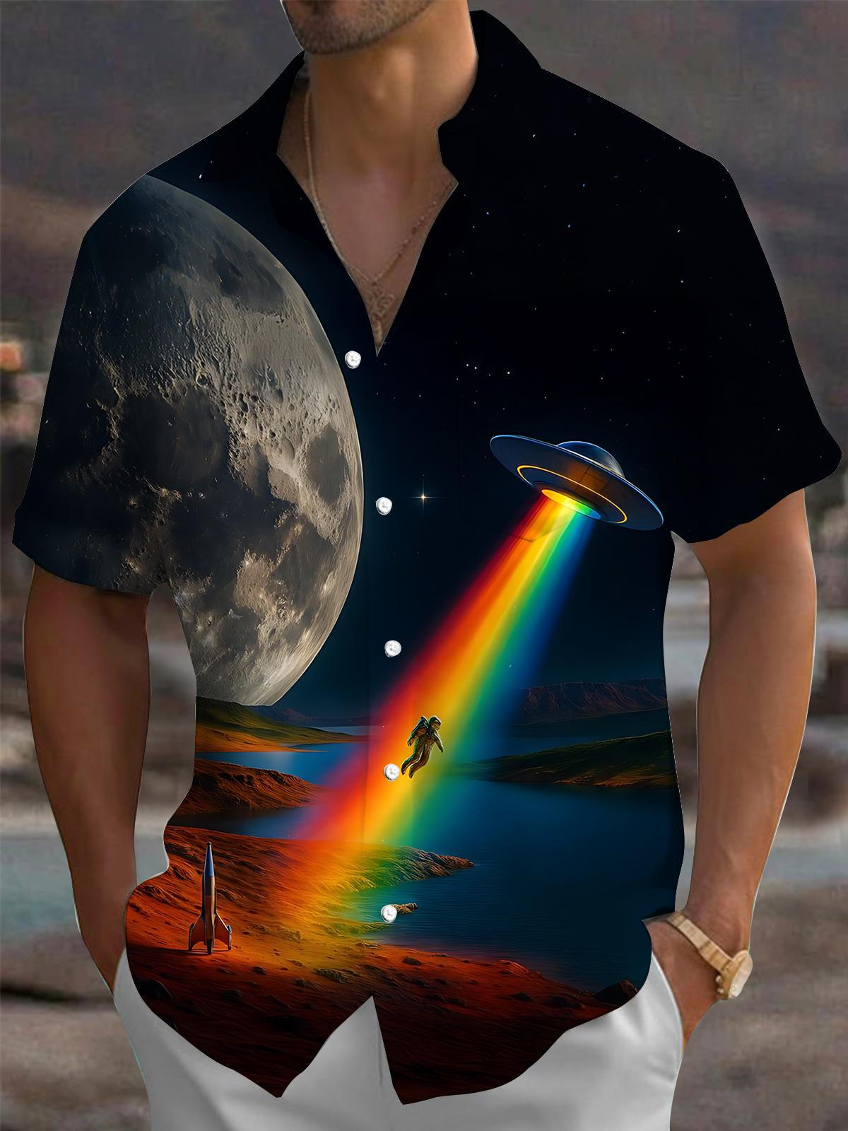 Space Rocket Spaceship Print Men's Pocket Short Sleeve Shirts