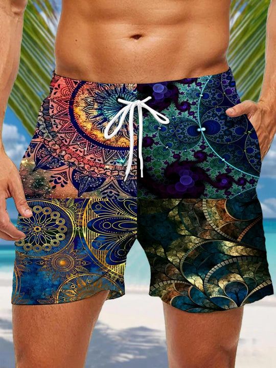 Men abstract print casual shorts front view