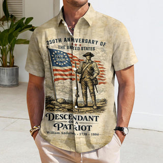 Men's American flag Hawaiian shirt lifestyle scene at Independence Day backyard cookout, short sleeve tropical top