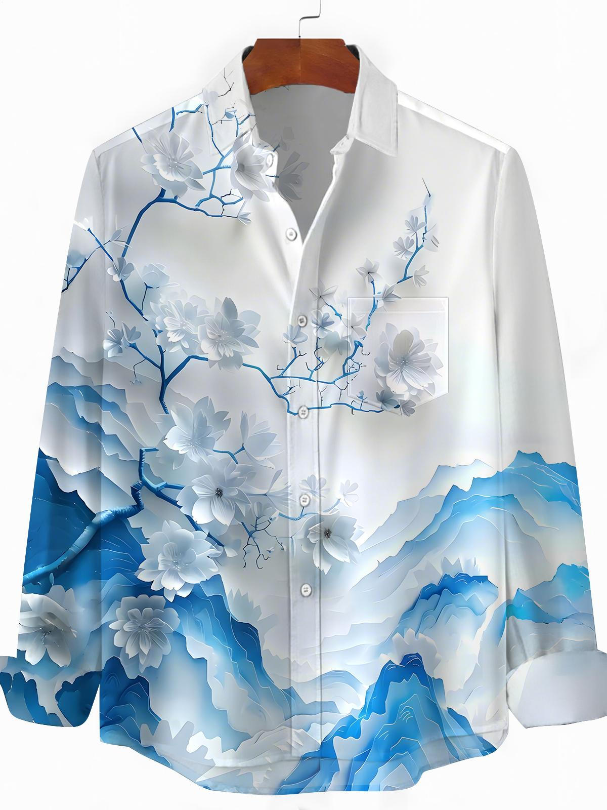 Floral Print Men's Pocket Long Sleeve Shirts