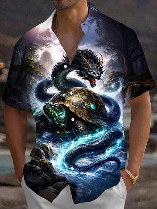 Men's short sleeve dragon print shirt front view