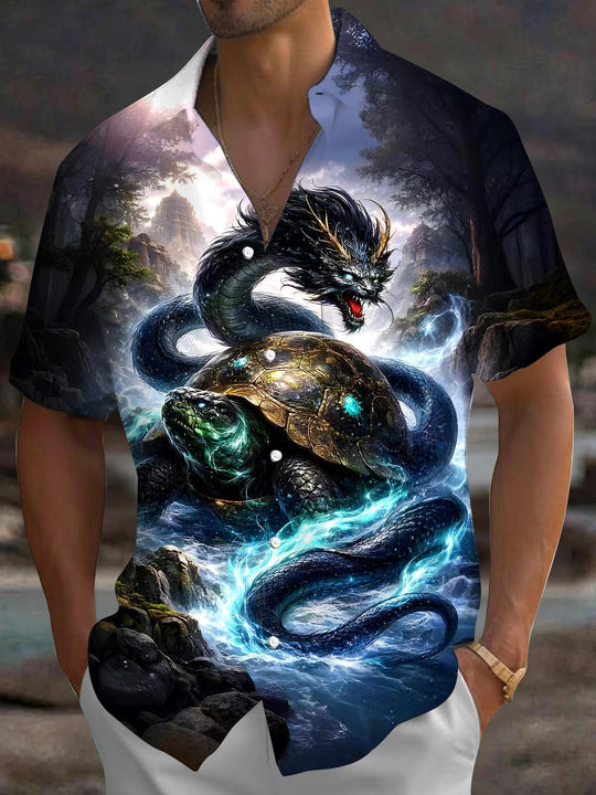 Men's short sleeve dragon print shirt front view