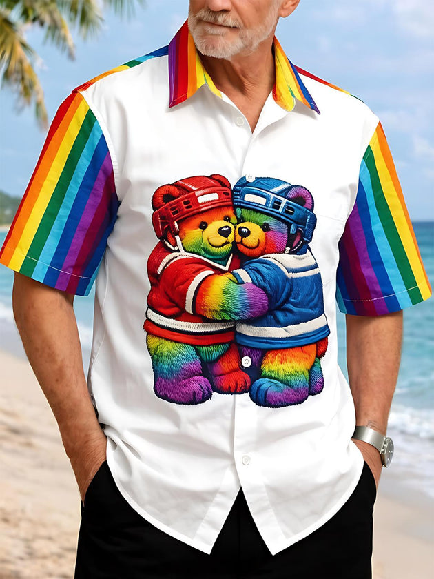 Pride Month Colorful Fun Hugging Hockey Bears Men's Pocket Short Sleeve Shirts