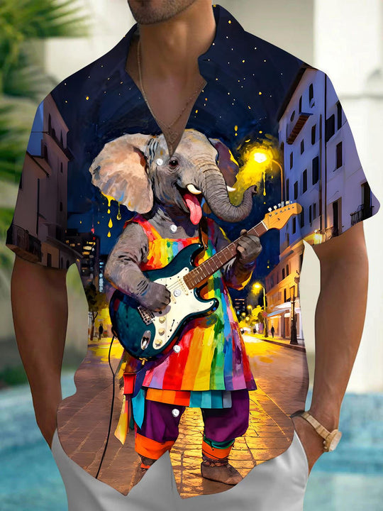 Men's funny elephant print short sleeve pocket shirt front view