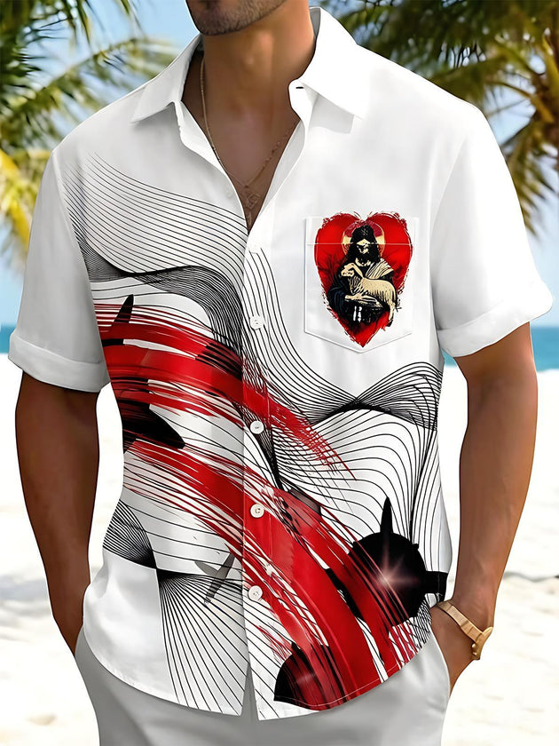 Jesus And Lamb Red & Black Art Religious Men's Pocket Short Sleeve Shirts