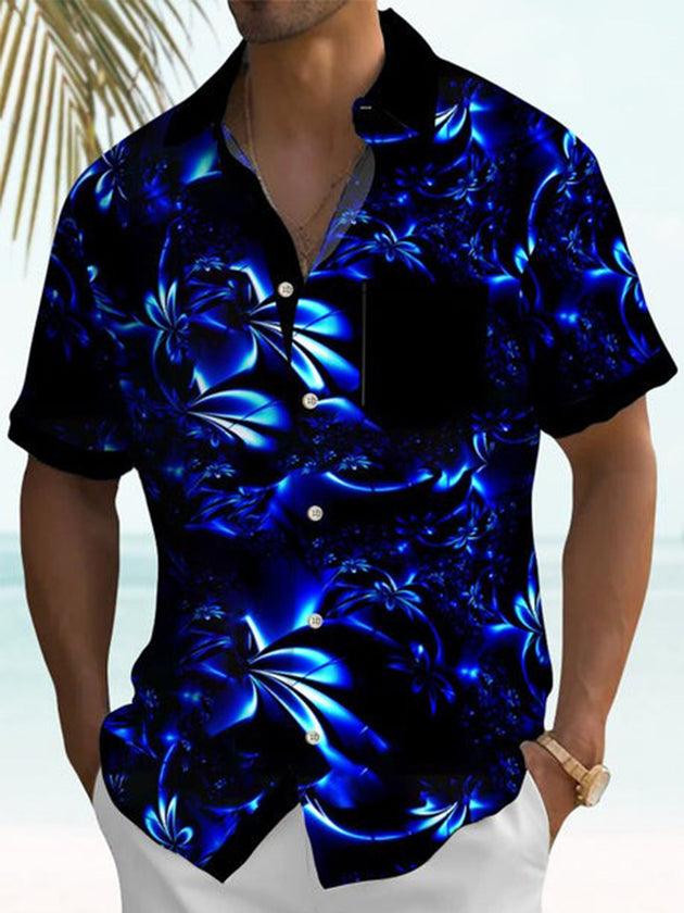 Men's Hawaiian gradient floral pocket short sleeve shirt front view tropical beach vacation