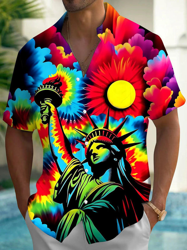 Tie Dye The Statue of Liberty Men's Pocket Short Sleeve Shirts