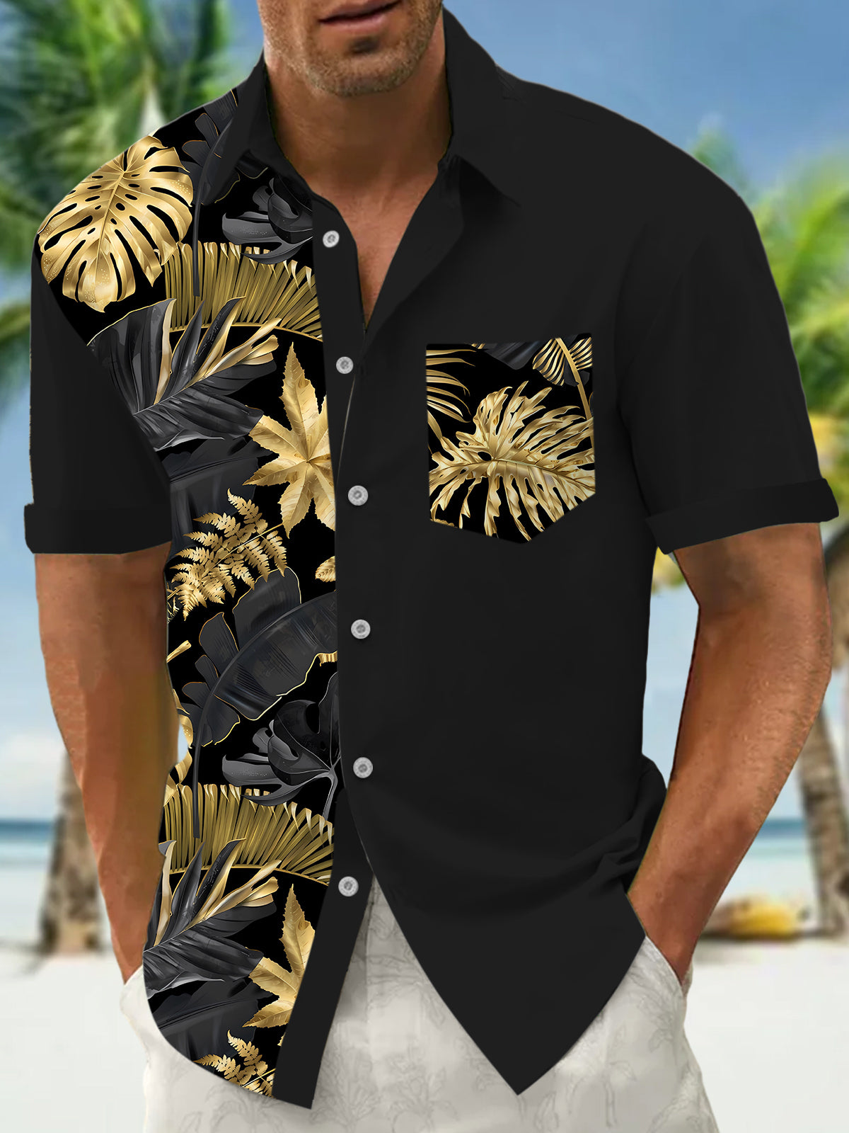 Leaf Print Men's Pocket Short Sleeve Shirts