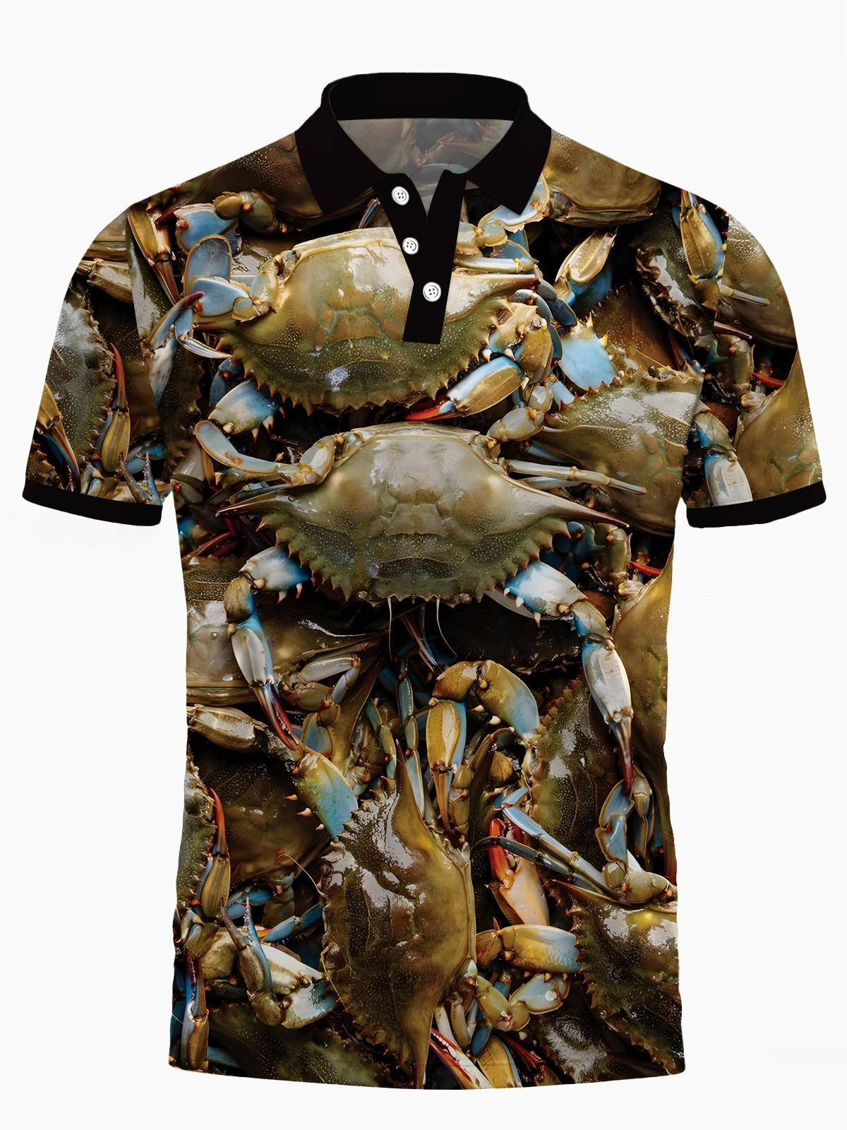 Crab Print Men's Short Sleeve Button Polo Shirt