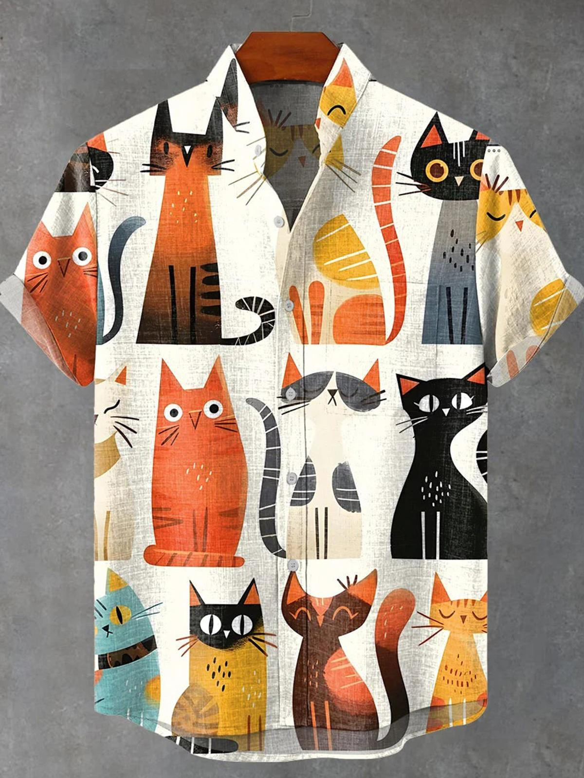 Cat Print Men's Pocket Short Sleeve Stand Collar Shirts