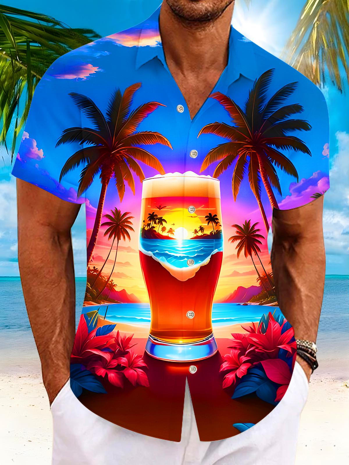 Hawaiian Coconut Trees Beer Beach Men's Pocket Short Sleeve Shirts