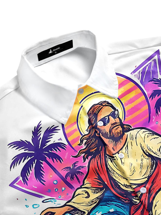 Men's tropical aloha print short sleeve shirt side view