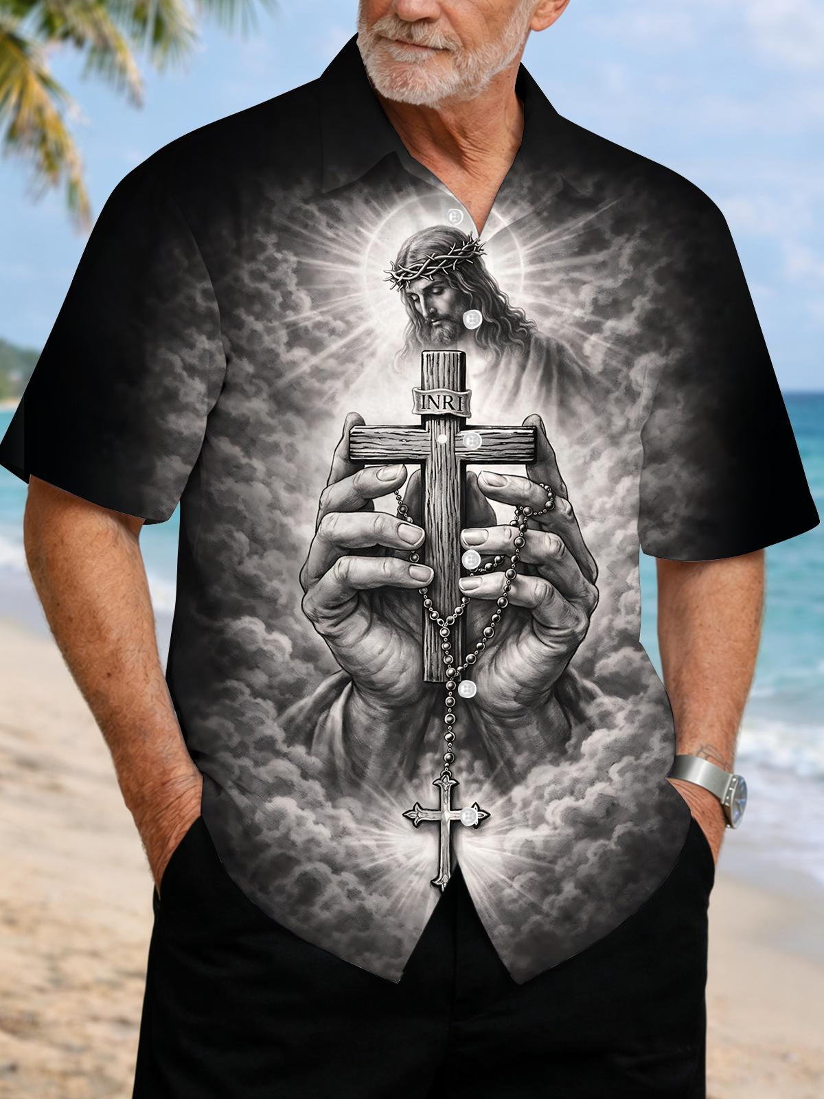 Jesus Cross Print Men's Pocket Short Sleeve Shirts