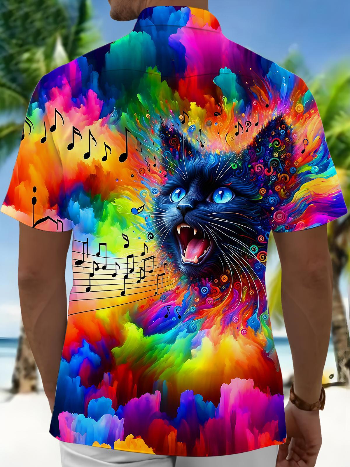 Colorful Tie-Dye Music Note Black Cat Men's Pocket Short Sleeve Shirts