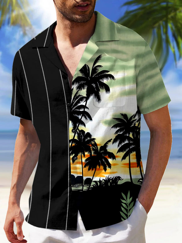 Men's coconut tree print short sleeve Cuban collar shirt front view for tropical beach vacation
