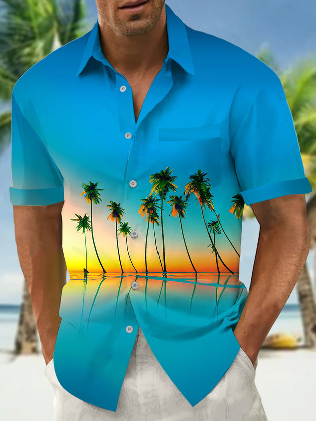 Men's Tropical Coconut Tree Sunset Print Pocket Short Sleeve Shirt Front View