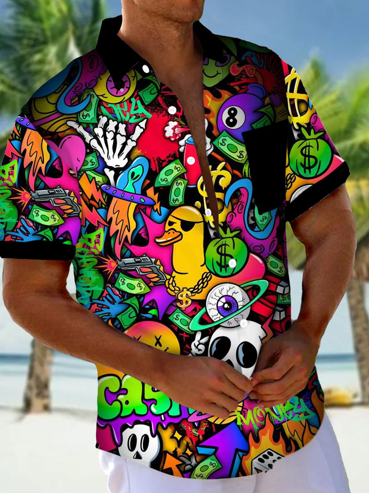 Artistic Skull Print Men's Pocket Short Sleeve Shirts