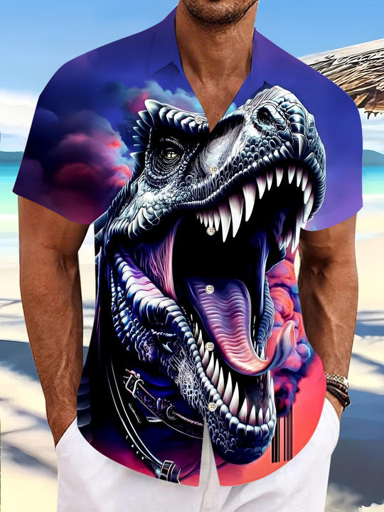 Men's dinosaur print short sleeve pocket shirt front view