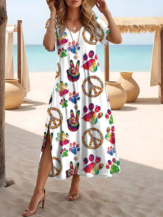 Hippie Print Women's Short Sleeve V Neck Maxi Dress