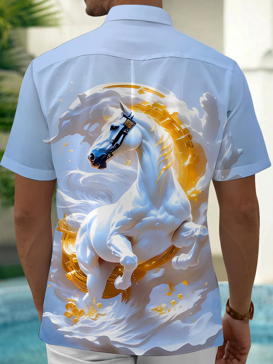 Men's short sleeve shirt back view with art horse relief pattern