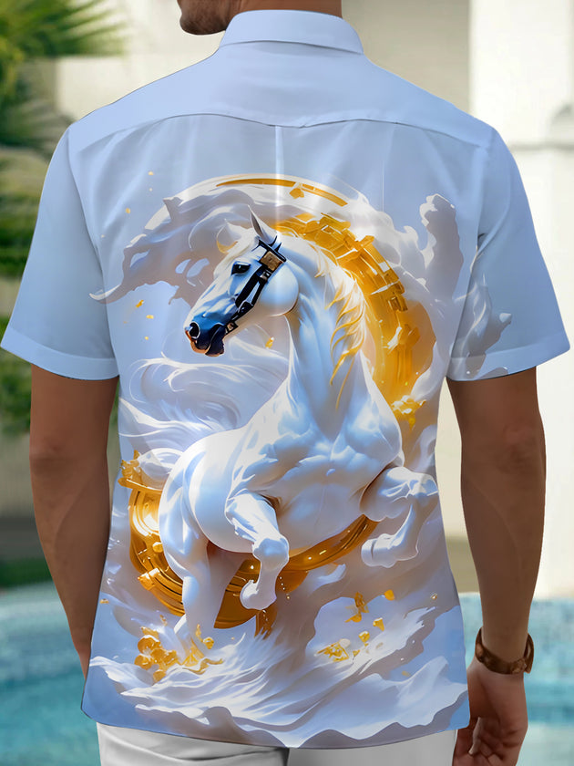 Men's short sleeve shirt back view with art horse relief pattern