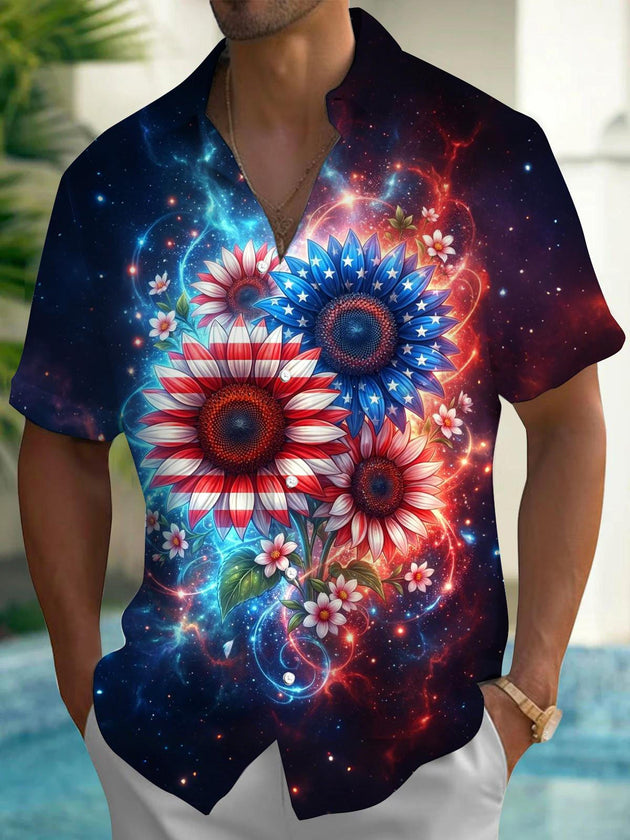 Men's American flag sunflower print short sleeve shirt front view