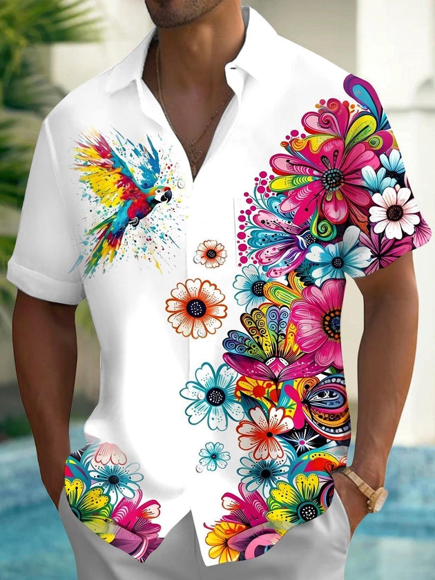 Hawaiian Parrot Floral Men's Pocket Short Sleeve Shirts