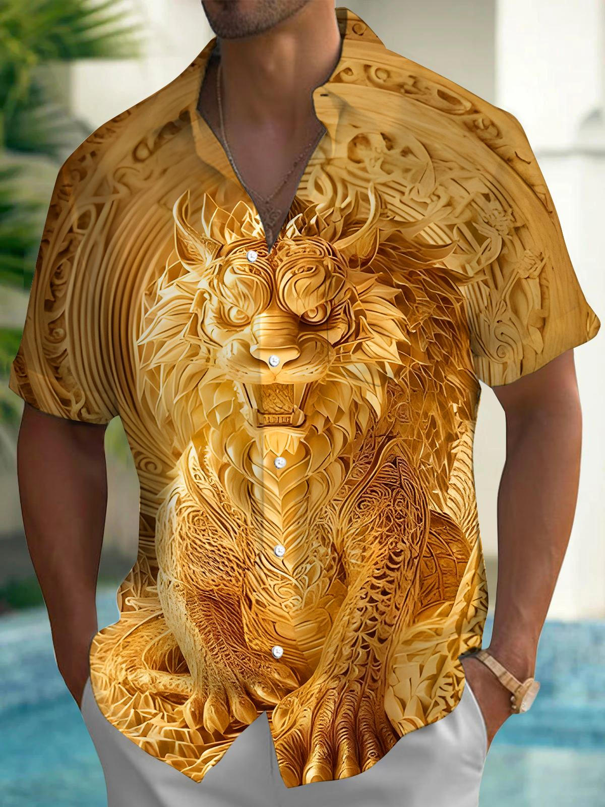 Golden Dragon Tiger Relief Men's Pocket Short Sleeve Shirts
