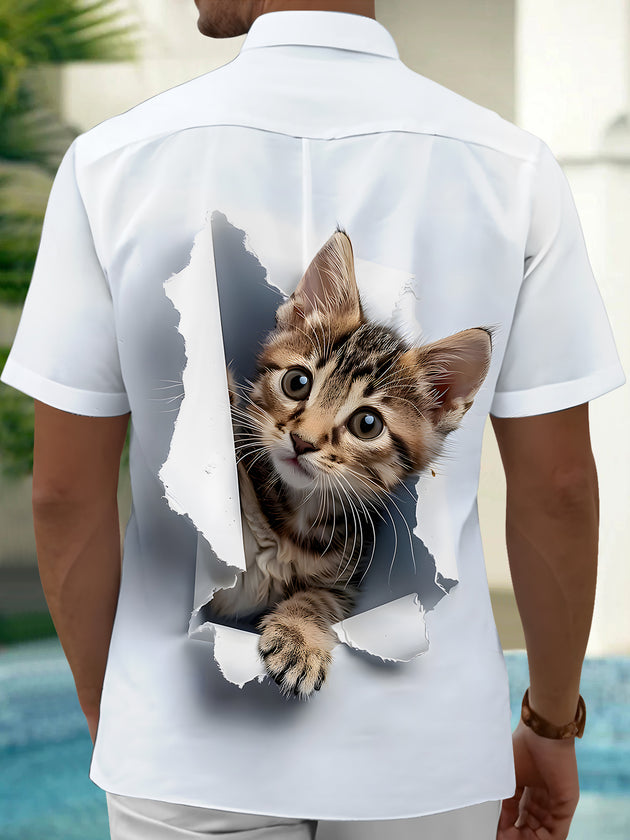 Men's cat print pocket half sleeve shirt side view
