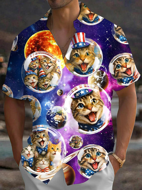 Astronaut Cat Men's Pocket Short Sleeve Shirts
