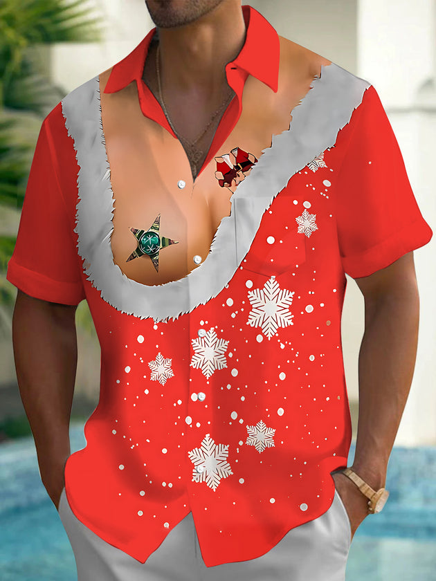 Men's funny Christmas print short sleeve shirt front view for holiday party