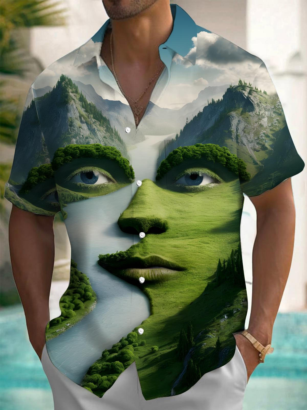 Abstract Face Landscape Men's Pocket Short Sleeve Shirts