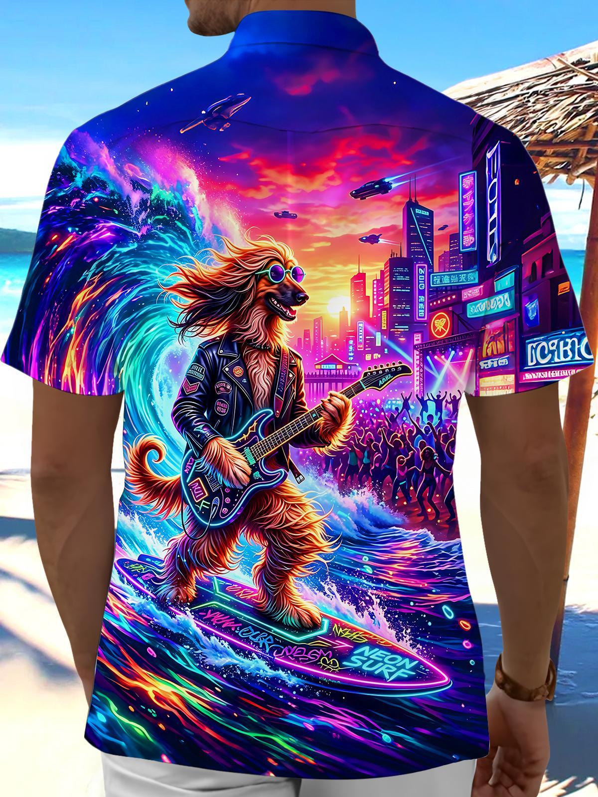Cyberpunk Rock Surfing Dog Men's Pocket Short Sleeve Shirts