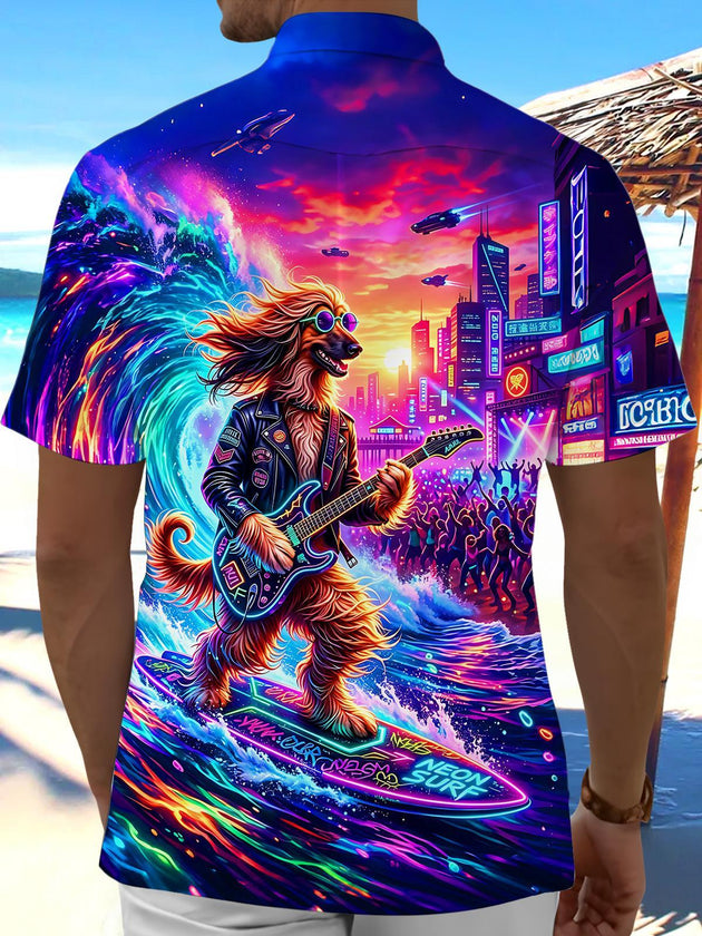 Cyberpunk Rock Surfing Dog Men's Pocket Short Sleeve Shirts