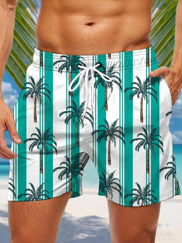 Men's Hawaiian coconut tree print casual shorts front view for tropical beach vacation