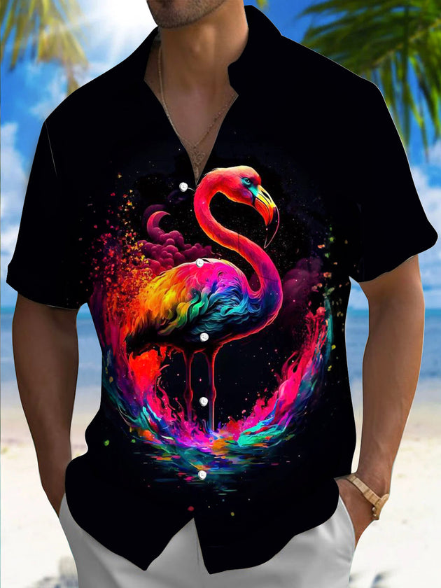 Men's short sleeve shirt with flamingo print front view