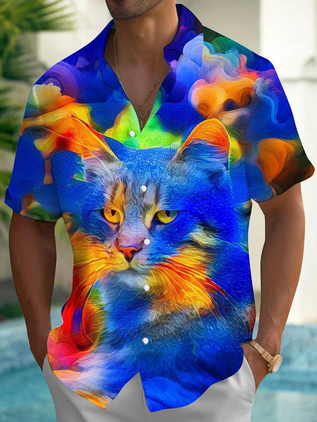 Cat Print Men's Pocket Short Sleeve Shirts