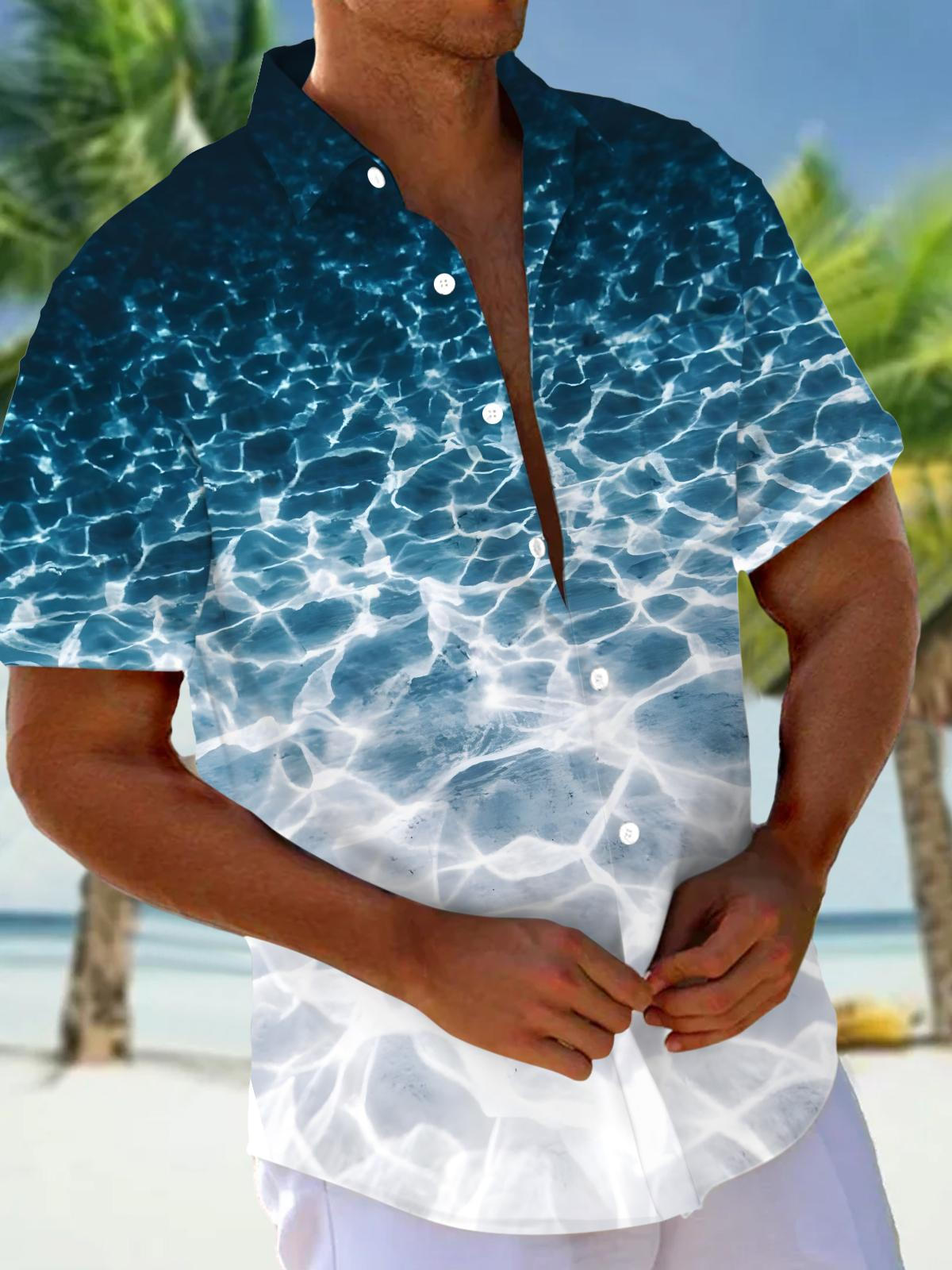 Gradient Seawater Print Men's Pocket Short Sleeve Shirts