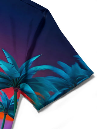 Men's Hawaiian coconut tree print pocket short sleeve shirt on tropical beach vacation