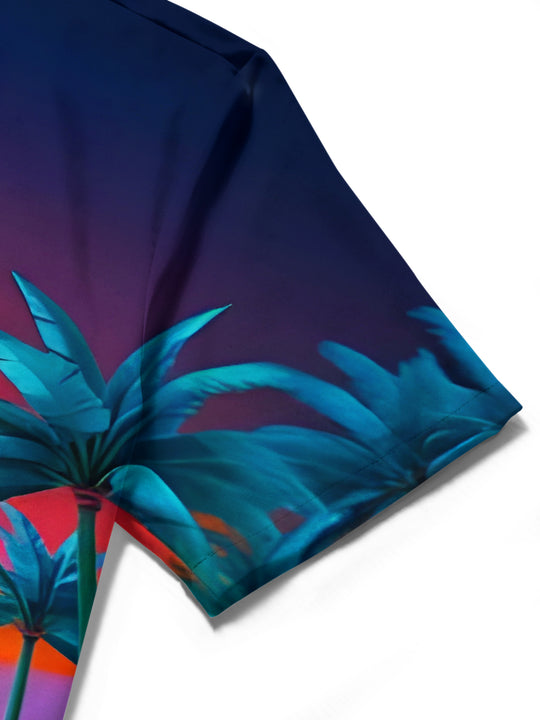Men's Hawaiian coconut tree print pocket short sleeve shirt on tropical beach vacation