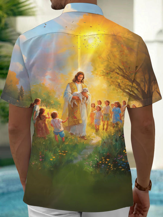 Men's Christian Jesus print pocket short sleeve shirt back view