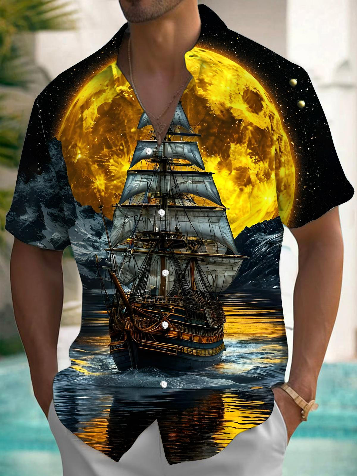 Boat Moon Print Men's Pocket Short Sleeve Shirts