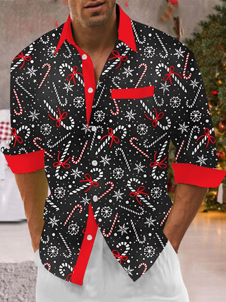 Men's Christmas print long sleeve shirt front view for Christmas holiday party