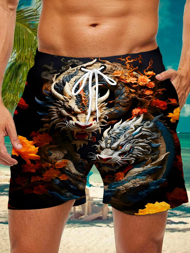 Men's casual shorts with dragon floral print front view