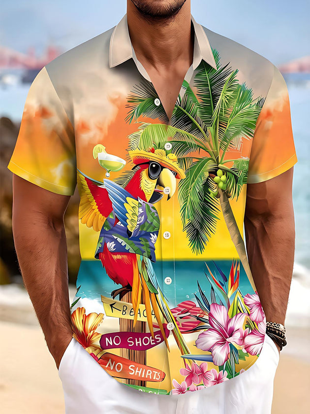 Fun Hawaiian Vacation Sunglasses Parrot Palm Island Men's Pocket Short Sleeve Shirts